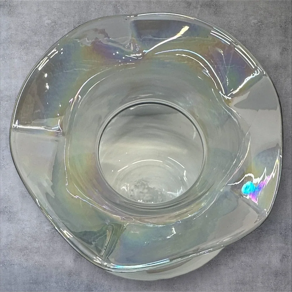 Iridescent Art Glass Vase Hand Blown Clear Wavy Rim Large Bulbous Form‎